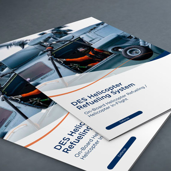 Brochures for DES Helicopter Refueling System, featuring onboard refueling solutions.
