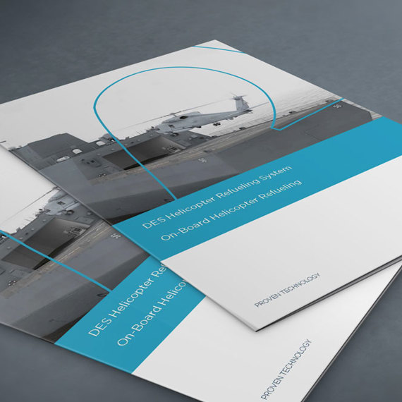 DESMI brochure on helicopter refueling system for on-board use, featuring naval imagery.