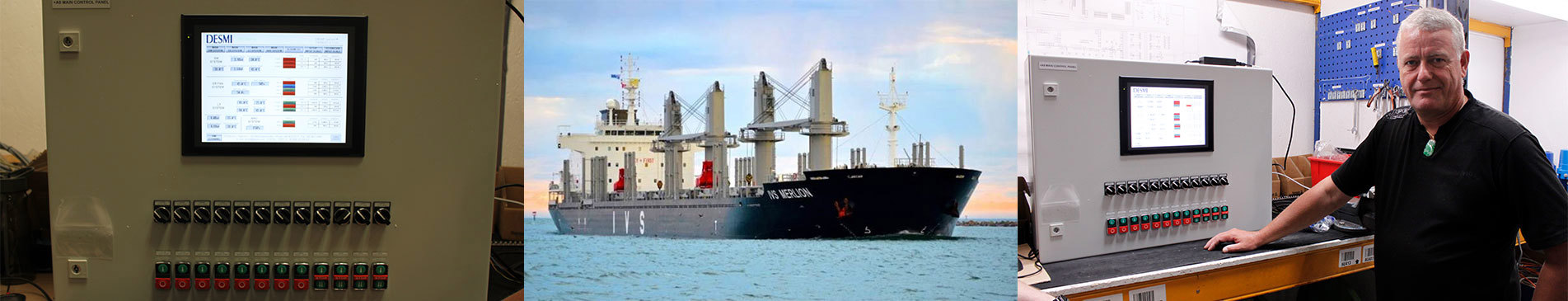 DESMI control panels and cargo ship at sea with a technician nearby.