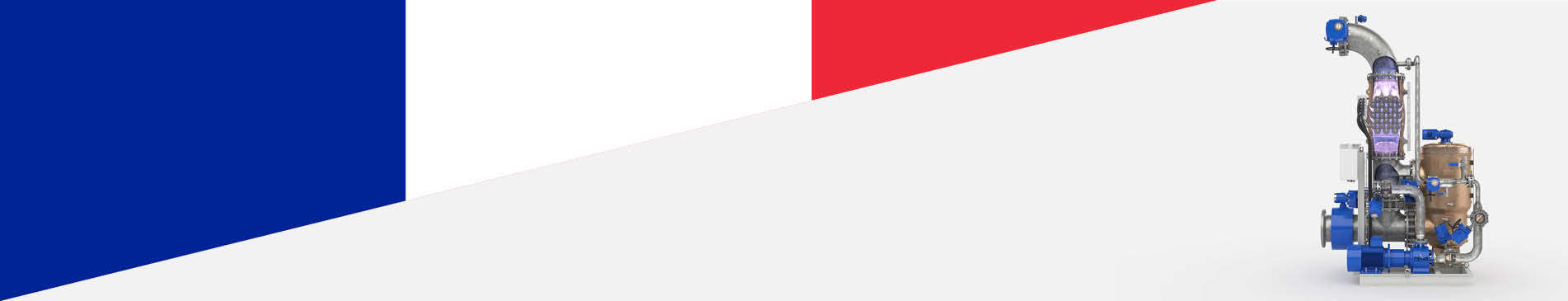 DESMI 泵系统，背景为法国国旗，专为流体处理解决方案设计。