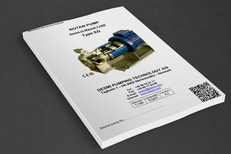 Manual cover for DESMI ROTAN Pump Type ED, showing pump image and contact details.