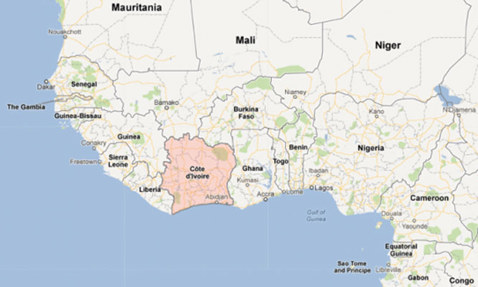 Map highlighting Cote d'Ivoire in West Africa, surrounded by neighboring countries.