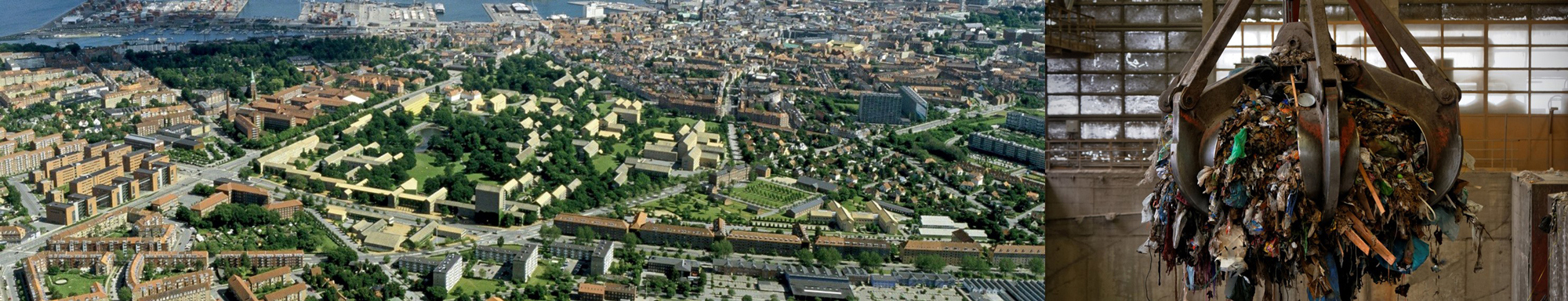 Aerial view of a cityscape; mechanical claw holding waste indoors.