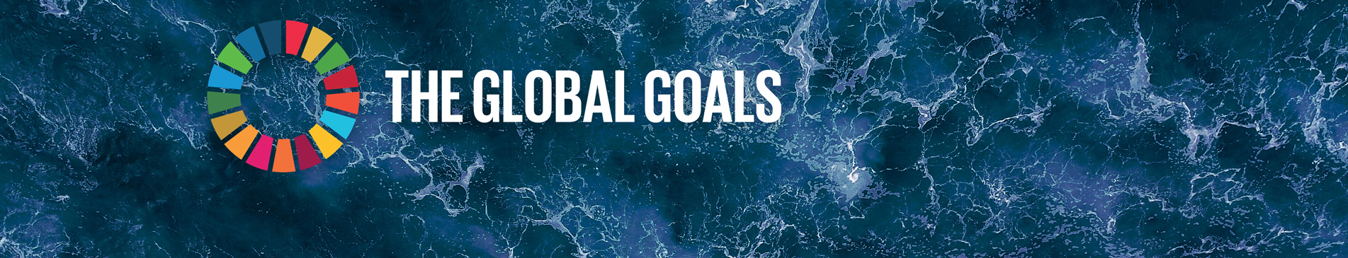 彩色的Global Goals标志置于纹理化的蓝色海洋背景上。
