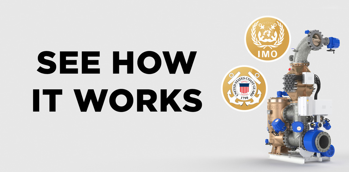 Maritiem pompsysteem met de tekst "See How It Works" en de logo's van IMO en de US Coast Guard.