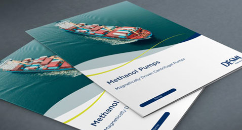 DESMI brochures featuring methanol pumps and a cargo ship image on the cover.