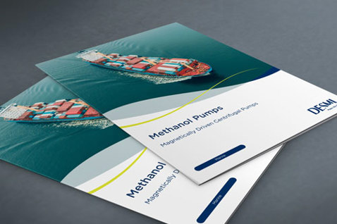 DESMI brochures featuring methanol pumps and a cargo ship image on the cover.