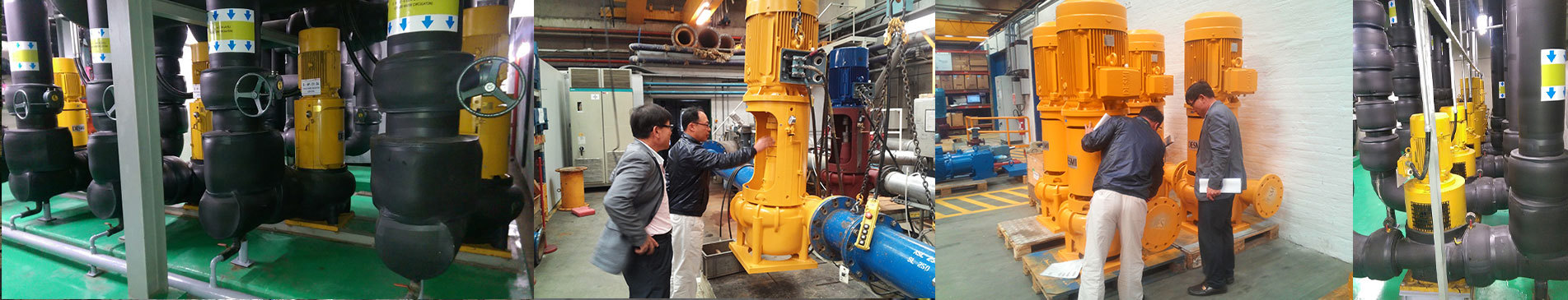 Engineers inspecting large DESMI pumps in an industrial facility for fluid handling.