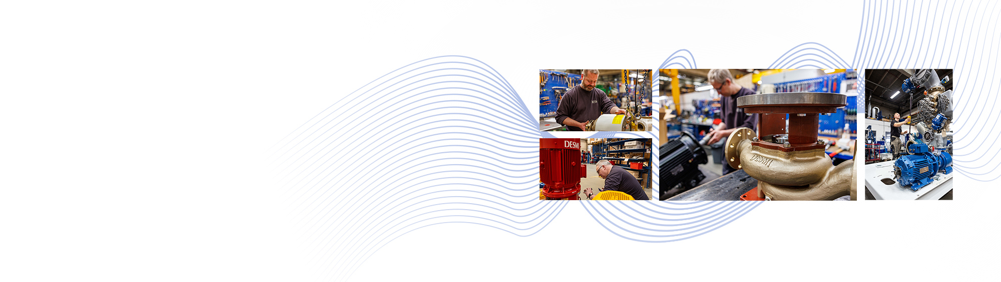 Collage of workers assembling DESMI pumps in an industrial setting.