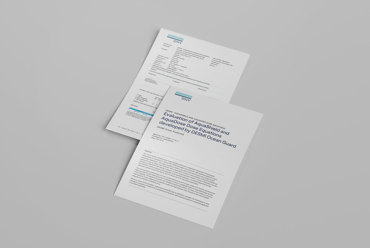 Dos documentos titulados "Evaluation of AquaShield" por DESMI Ocean Guard, sobre un fondo gris.