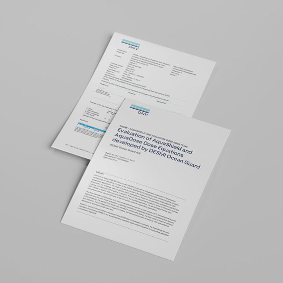 Two documents titled "Evaluation of AquaShield" by DESMI Ocean Guard, on gray background.