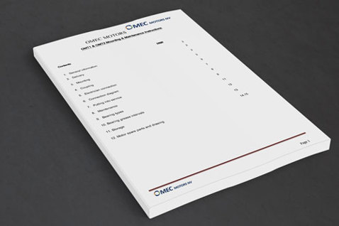 Stack of OMEC Motors documents with a detailed contents page on top.
