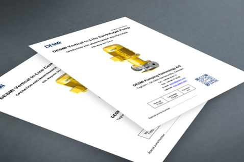 Brochures displaying DESMI vertical in-line centrifugal pump for fluid handling.