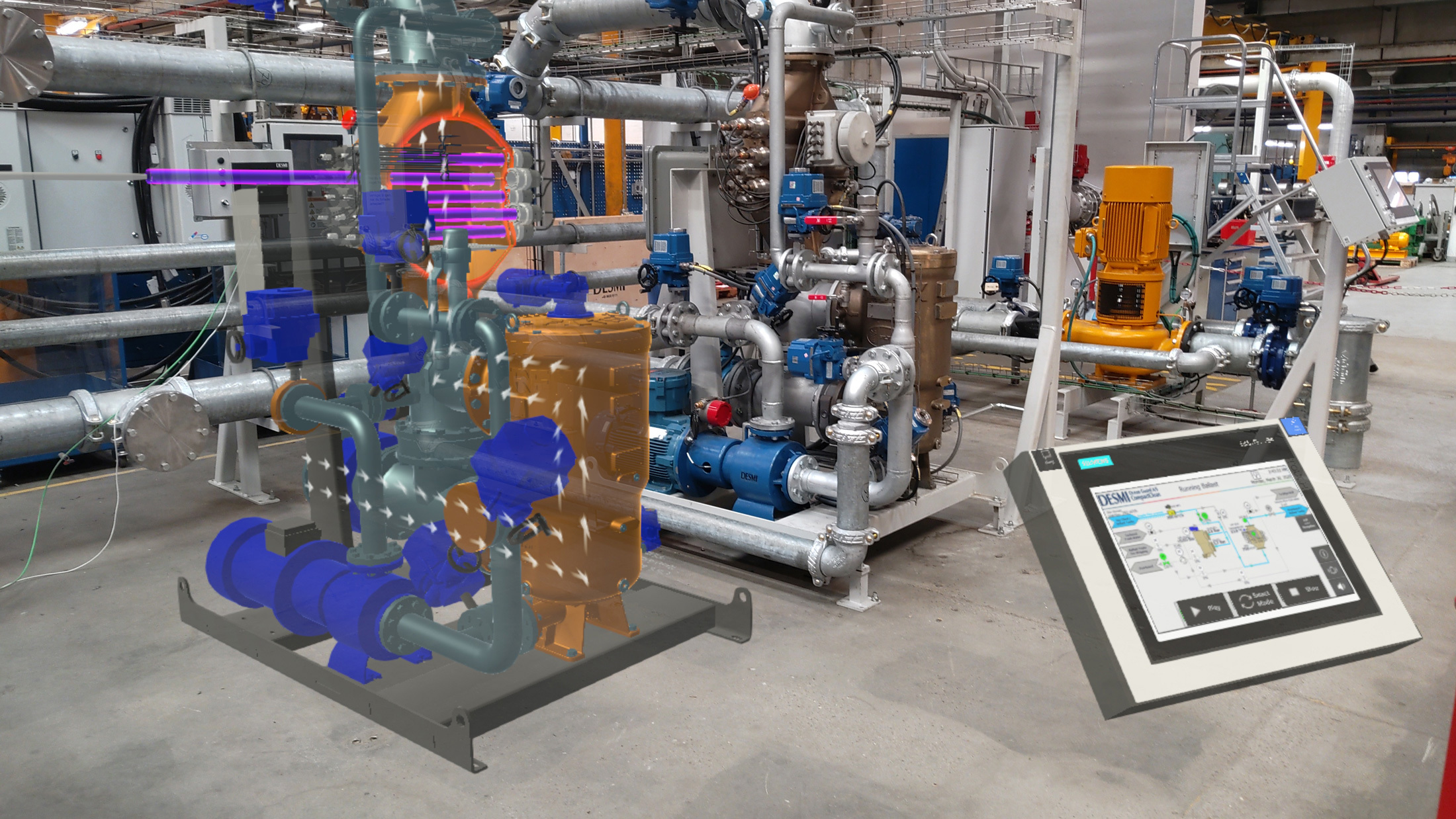 Industrial setup with DESMI pumps and control panel for fluid handling operations.