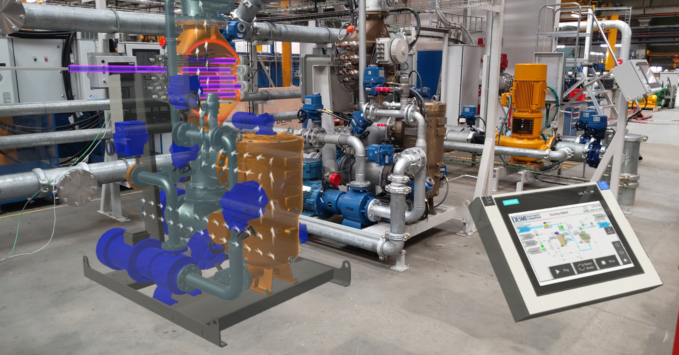 Industrial setup with DESMI pumps and control panel for fluid handling operations.