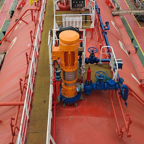 DESMI vertical pump installed on a ship deck for fluid handling.