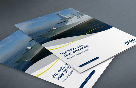 Brochures titled "Naval Capability Plan" with DESMI logo, featuring a naval ship.