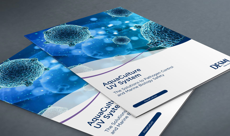 DESMI AquaCulture UV System brochure featuring pathogen control and marine biology safety.