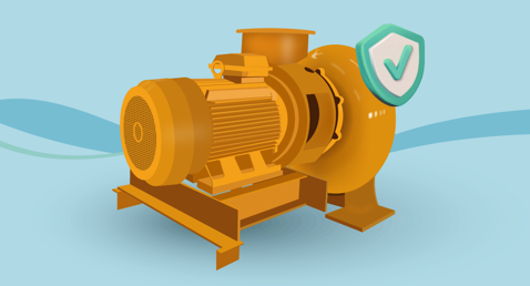 橙色工业泵上有一个对勾符号，表示可靠性和认可。