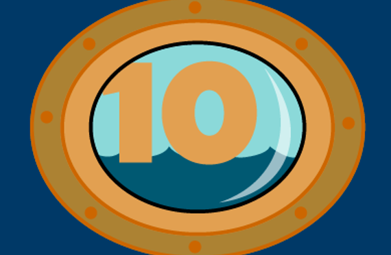 Number 10 visible through a circular porthole with water inside.