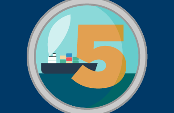 Illustration of a ship with a large number five in the foreground.