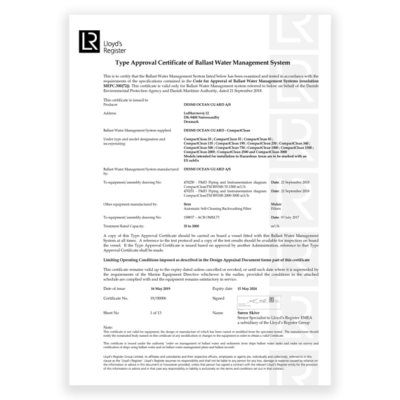 Lloyd's Register Type Approval Certificate for DESMI Ocean Guard Ballast Water Management System.
