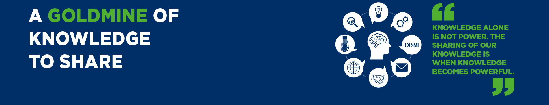 Text reading "A Goldmine of Knowledge to Share" with DESMI-related icons and quote.