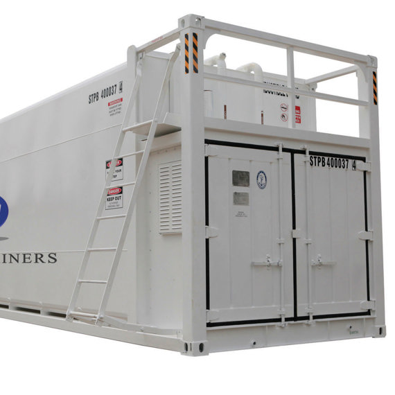 White self-bunded tank container with ladder and safety warnings displayed.