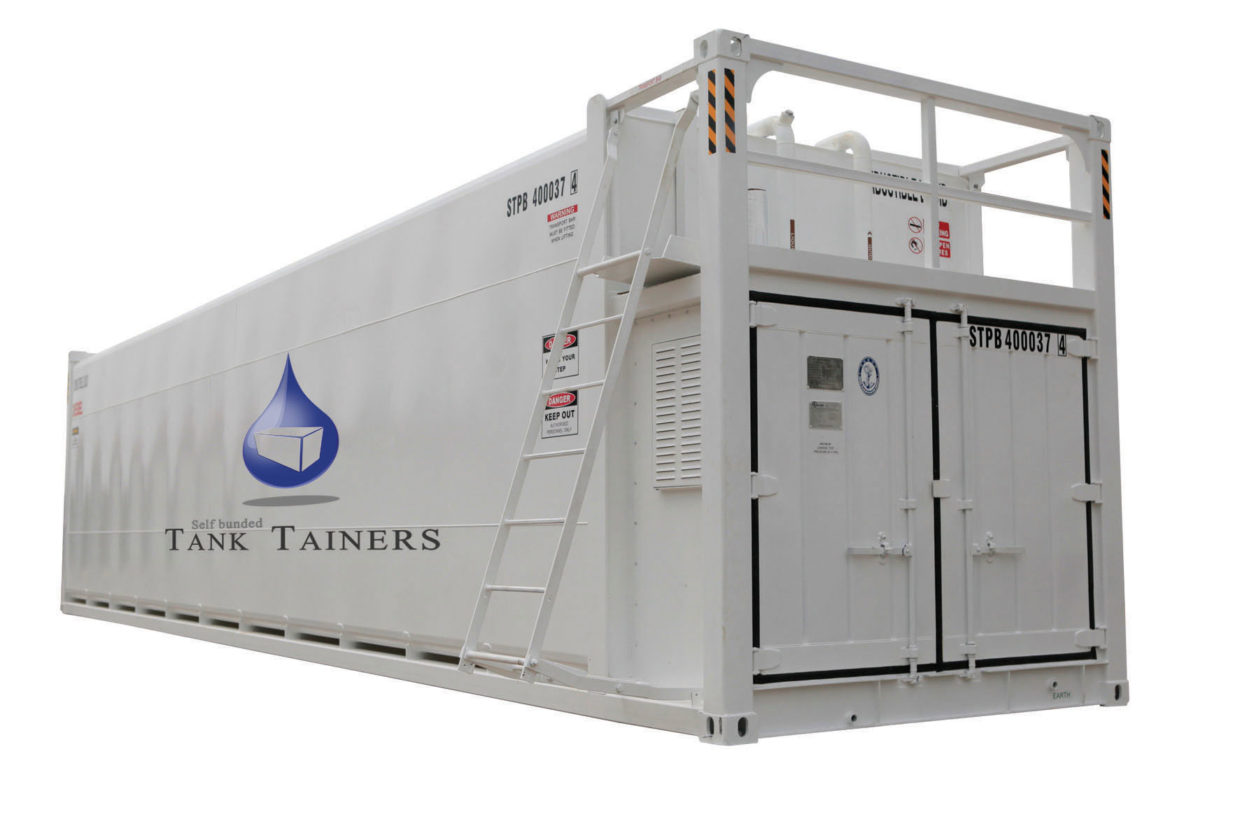 White self-bunded tank container with ladder and safety warnings displayed.