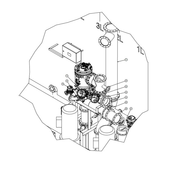 Technical drawing of a complex piping system with labeled components and connections.