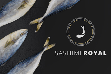 深色背景上的三条鱼，右侧有“Sashimi Royal”标志。
