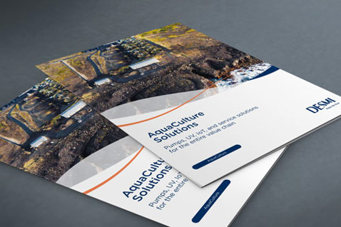 Broszury DESMI zatytułowane "Aquaculture Solutions" na szarej powierzchni.
