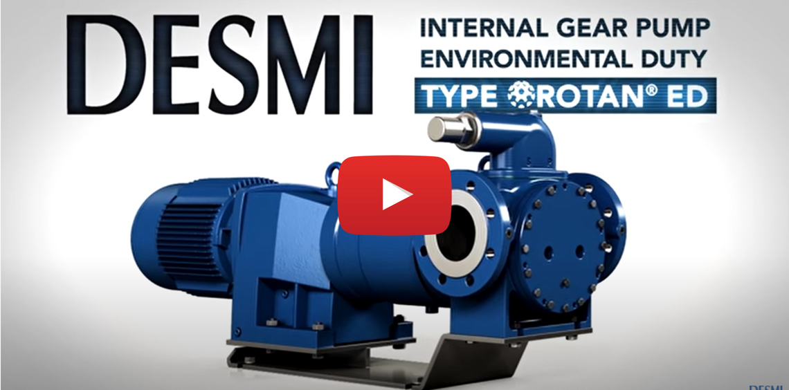 DESMI Rotan ED internal gear pump for environmental duty, with play button overlay.
