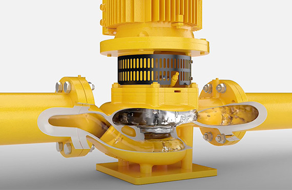 Cutaway view of a yellow DESMI centrifugal pump for fluid handling applications.