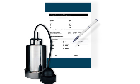 Dränkbar pump bredvid ett formulär och en penna, vilket indikerar installationsdokumentation.