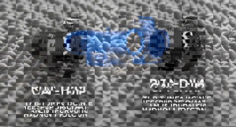 Blue ROTAN ED Pump for isocyanate handling in polyurethane production, textured background.