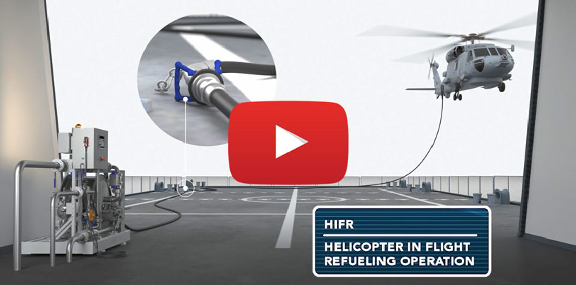 Helicopter refueling in flight with equipment setup illustration, highlighting HIFR operation.