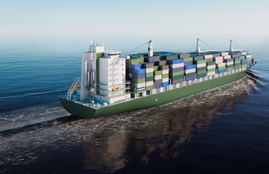 Container ship carrying multicolored cargo sailing on a calm sea.