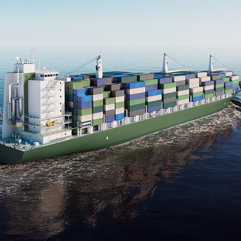 Container ship carrying multicolored cargo sailing on a calm sea.