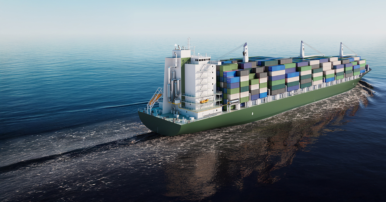 Container ship carrying multicolored cargo sailing on a calm sea.