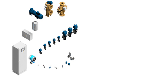 Industriële componenten en apparatuur gerangschikt, inclusief pompen, kleppen en besturingseenheden.