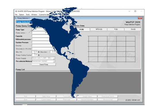 Pump selection software interface with a map overlay, featuring DESMI branding.