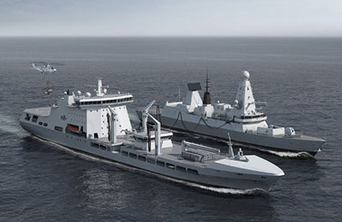 Two naval ships sailing alongside each other in open sea, with a helicopter nearby.