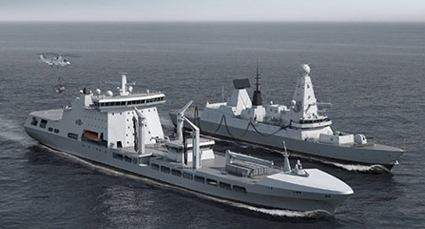 Two naval ships sailing alongside each other in open sea, with a helicopter nearby.
