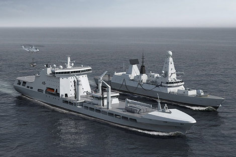 Two naval ships sailing alongside each other in open sea, with a helicopter nearby.