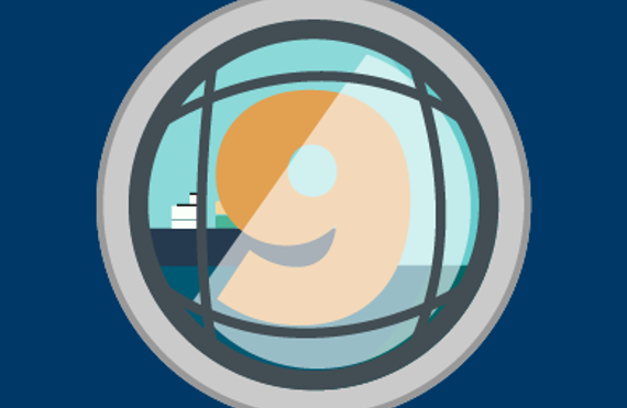 Illustration of a ship and number nine viewed through a circular frame.