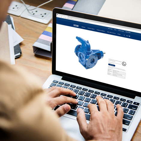 Person viewing DESMI pump product page on a laptop screen at a desk.