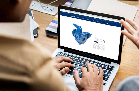Person viewing DESMI pump product page on a laptop screen at a desk.