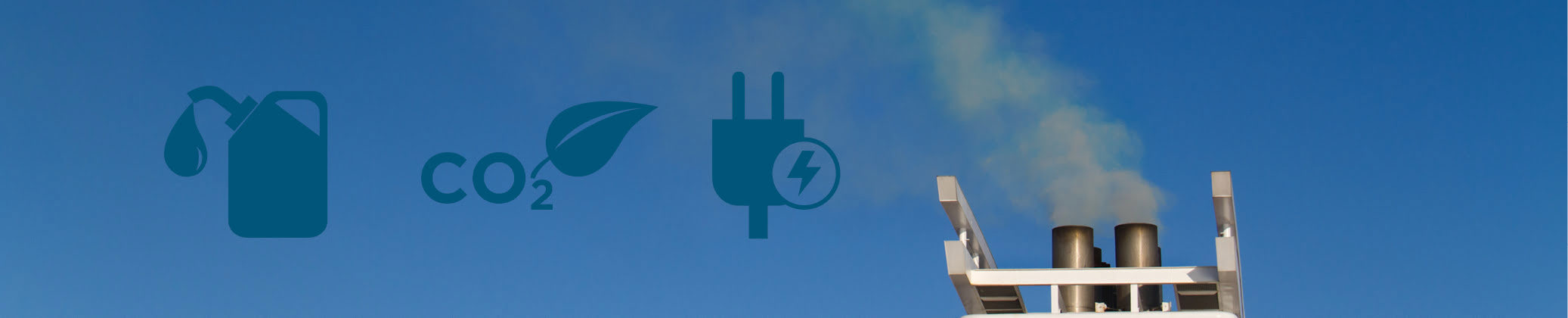 Ship exhaust emissions with environmental icons for fuel, CO2, and energy.