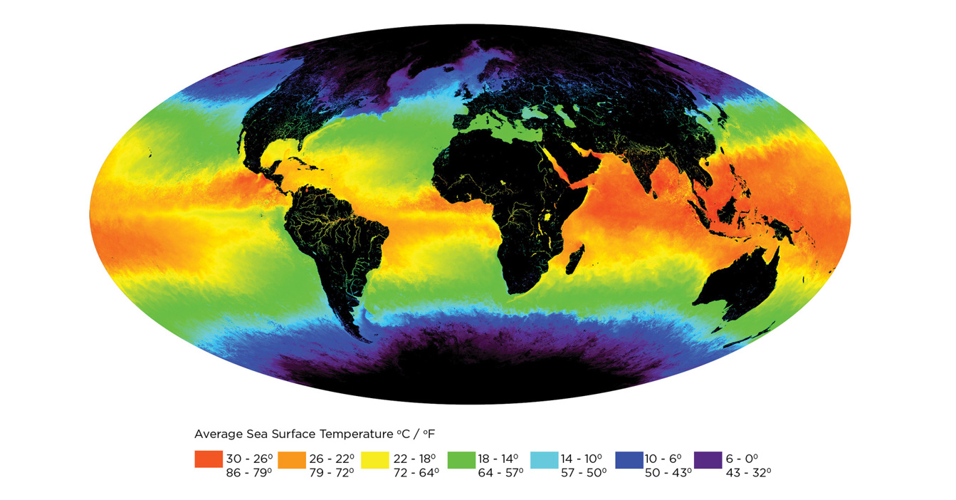 Mappa globale che mostra le temperature medie della superficie del mare con una chiave di temperatura colorata.